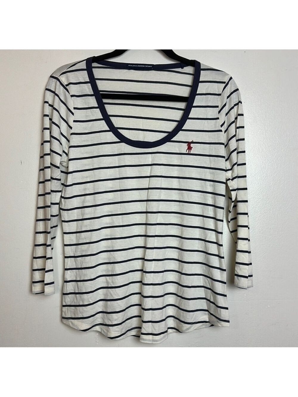 Ralph Lauren Sport Striped Logo Scoop neck Cropped 3/4 Sleeve Cotton Jersey Top